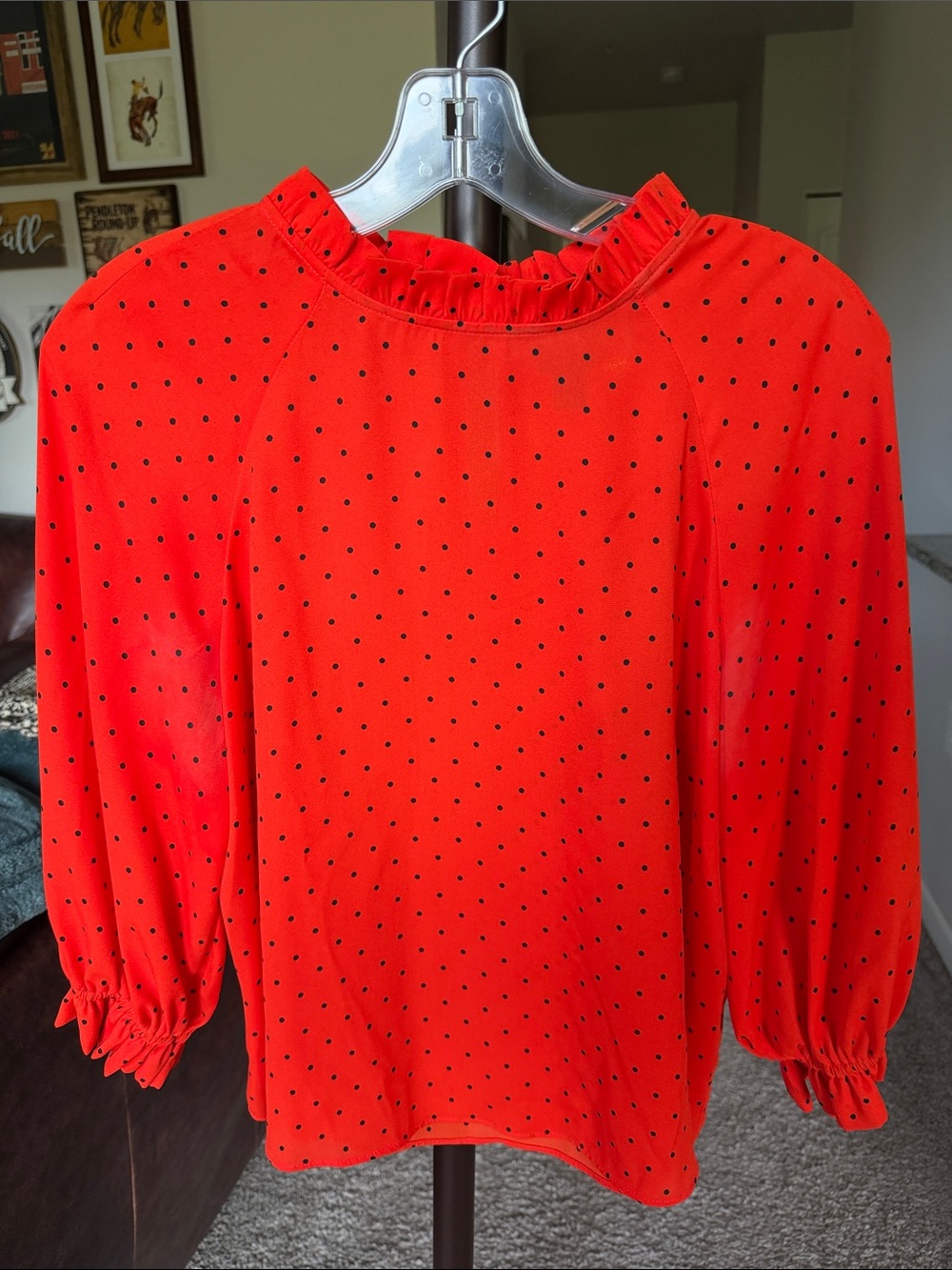 Orange Dot Print Long Sleeve Blouse